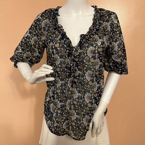 Old Navy Floral Print 1/2 Lace Up Front Sheer V Neck Blouse